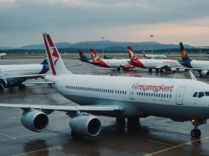 Grounded airplanes at airport amid CrowdStrike outage disruption.