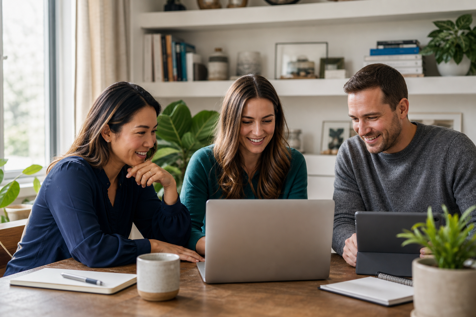 Small business team collaborating around a laptop in a home office