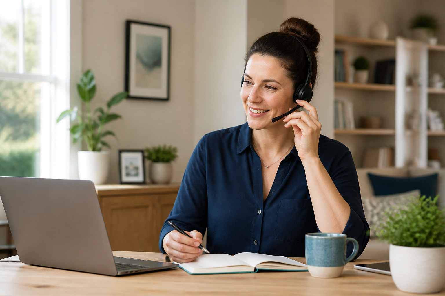 Small business owner speaking with IT support from her home office
