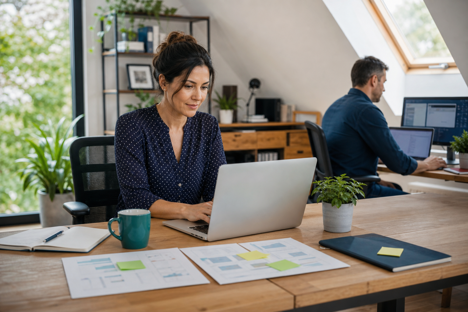 Woman and colleague working productively from a shared home office