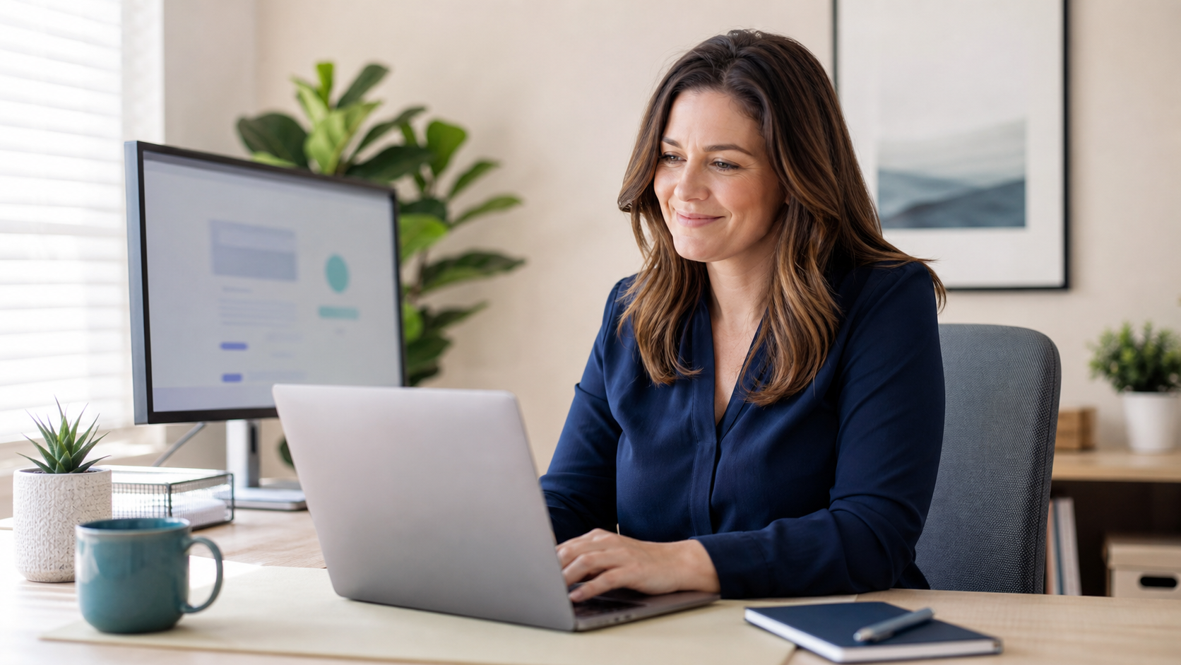 Professional woman working happily from a well-supported home office