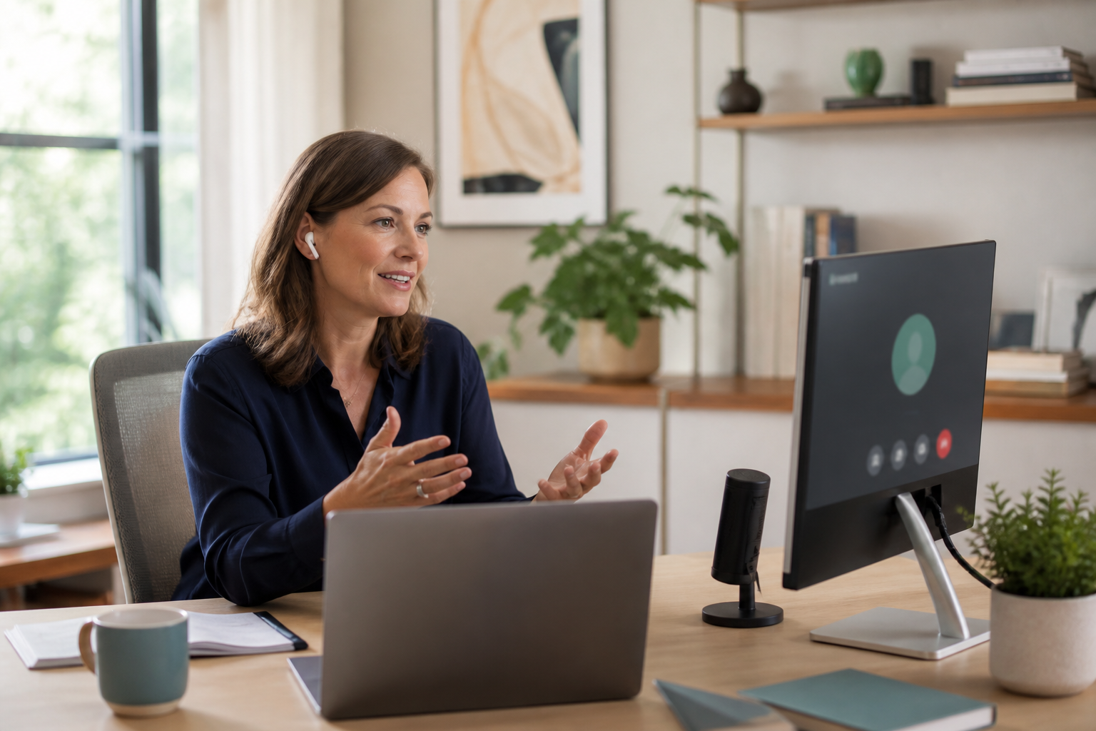 Professional woman on a business video call from her home office